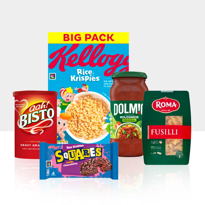Assorted grocery products including Kellogg's Rice Krispies, Dolmio sauce, Roma fusilli pasta, Bisto granules, and Rice Krispies Squares.