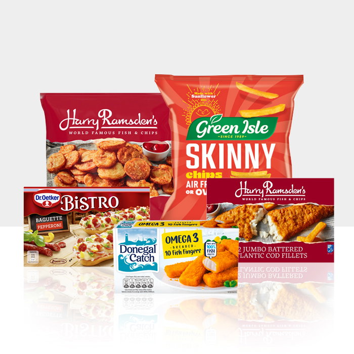 A variety of frozen meal products, including fish fillets, chips, and pizza, displayed against a light background.