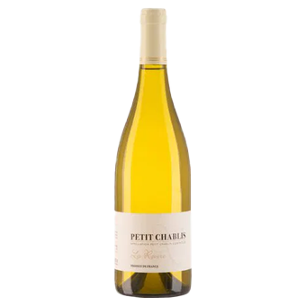 A bottle of La Revire Petit Chablis wine is displayed. The bottle has a white label and black cap, conveying elegance.