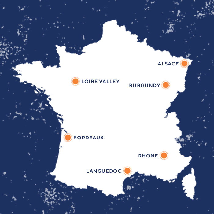 A simple white outline map of France on a dark blue background with six orange dots marking specific locations.