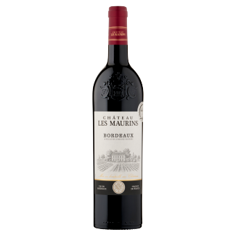A bottle of Chateau Les Maurins Bordeaux wine. The label features an illustration of a chateau and vineyard with elegant text.