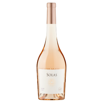 A bottle of Solas rosé wine with a pale pink hue, elegant curves, and a sleek metallic cap. The label is minimalistic, conveying sophistication and elegance.