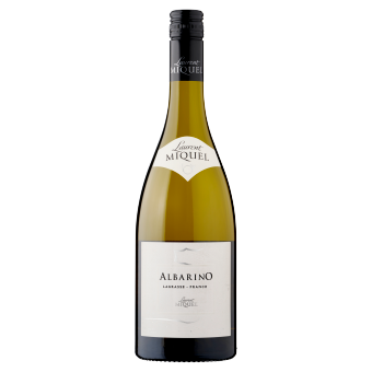 A bottle of Laurent Miquel Albariño wine is displayed. The bottle has a white label and black cap, conveying elegance.