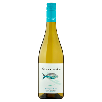 Clear glass bottle of Silver Moki Sauvignon Blanc wine against a black background. Label features a fish illustration; teal cap. Fresh, elegant design.
