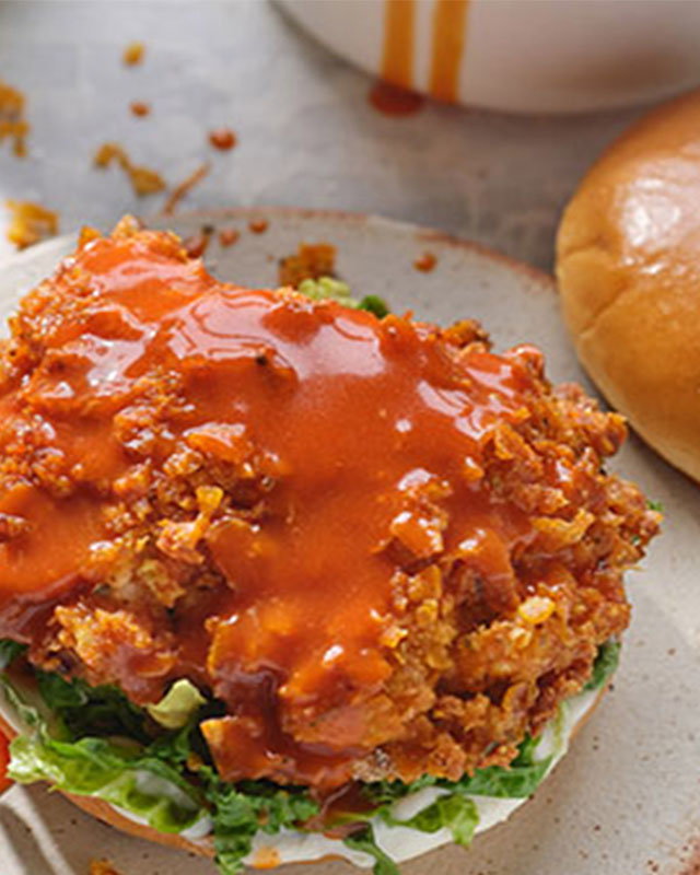 Air-fried chicken in soft buns with honey butter glaze