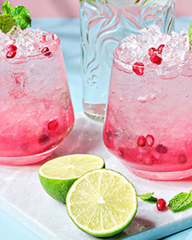 Vibrant Pomegranate Gin Fizz cocktail in a glass, garnished with pomegranate seeds and slices of lime