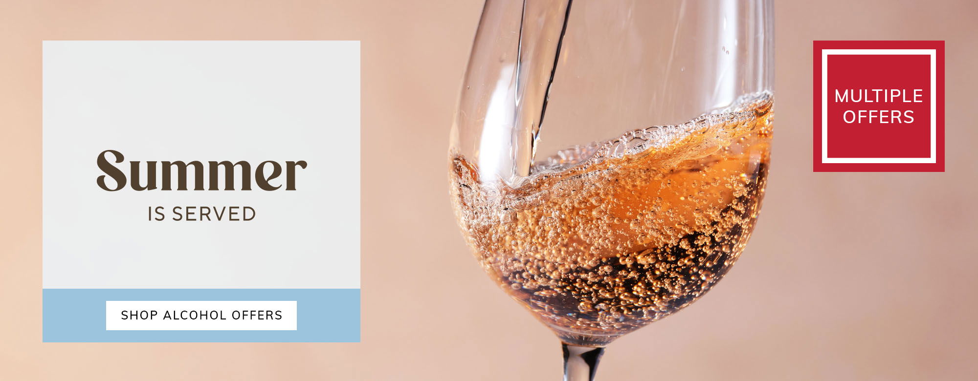 A sparkling glass of rose wine with bubbles, accompanied by text promoting summer alcohol offers and multiple deals.
