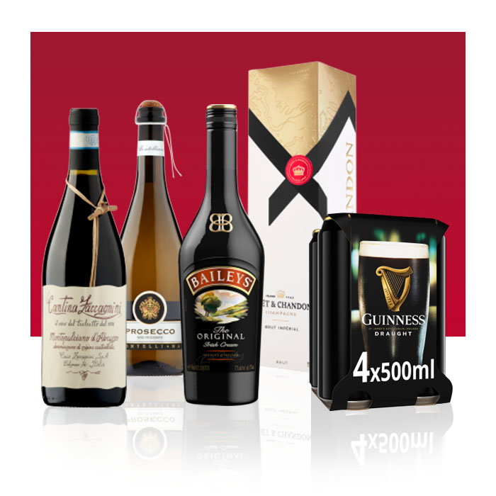 Selection of alcoholic drinks including red wine, Prosecco, Baileys Irish Cream, Moët & Chandon Champagne and Guinness Draught multipack.