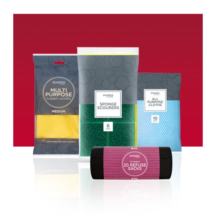 Household cleaning essentials including rubber gloves, sponge scourers, all-purpose cloths and refuse sacks.
