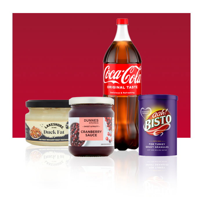 Christmas meal essentials including duck fat, cranberry sauce, Coca-Cola and Bisto turkey gravy granules