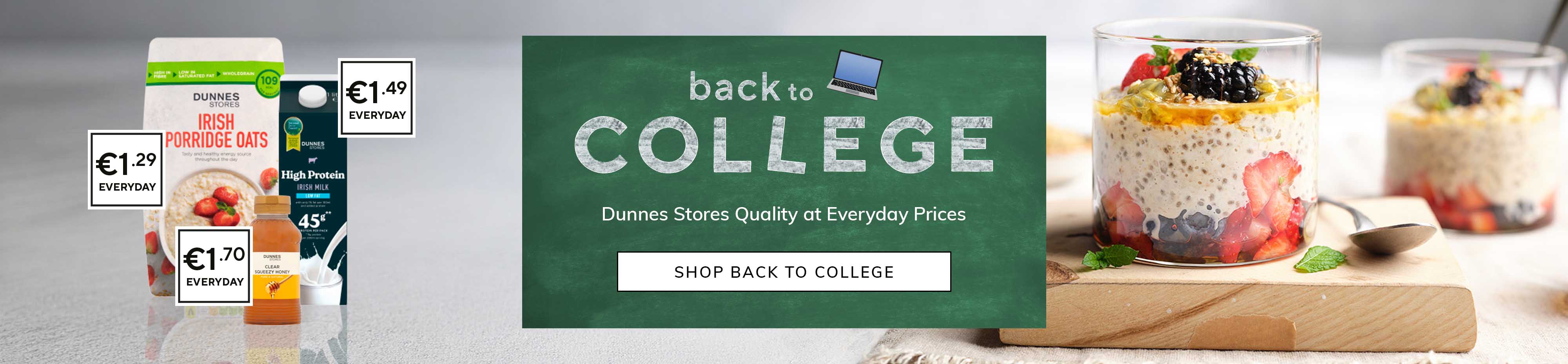 Back-to-college grocery banner featuring low priced breakfast foods, colourful overnight oats, and a “Shop Back to College” call to action.