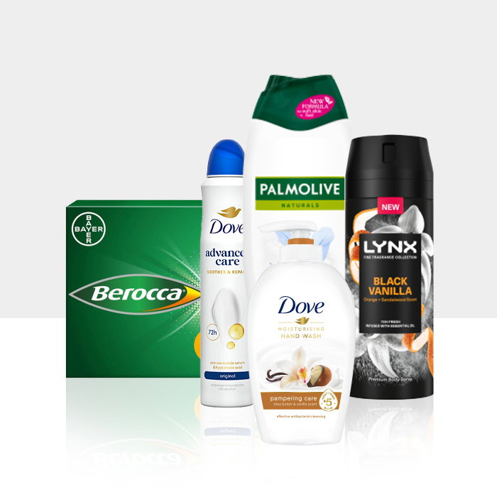 A collection of personal care products: Berocca, Dove deodorant, Palmolive body wash, Dove hand wash, and Lynx Black Vanilla spray.