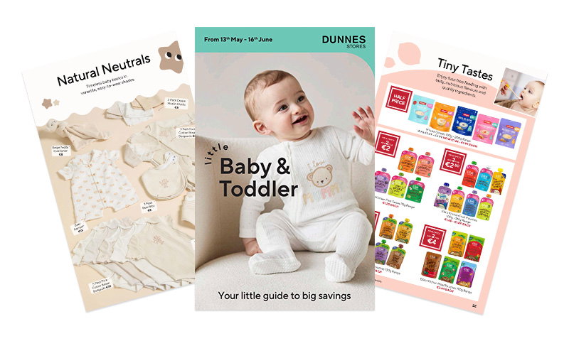 Three Dunnes Stores baby catalog pages featuring natural neutral baby clothing, baby food deals, and a baby wearing a white onesie.