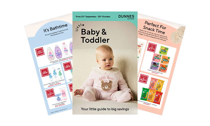 Three Dunnes Stores leaflet pages for baby and toddler products, featuring a crawling baby and various baby care items with discounts.