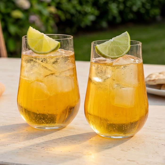 Two glasses of iced golden drink garnished with lime wedges on a light table outdoors with greenery in the background.