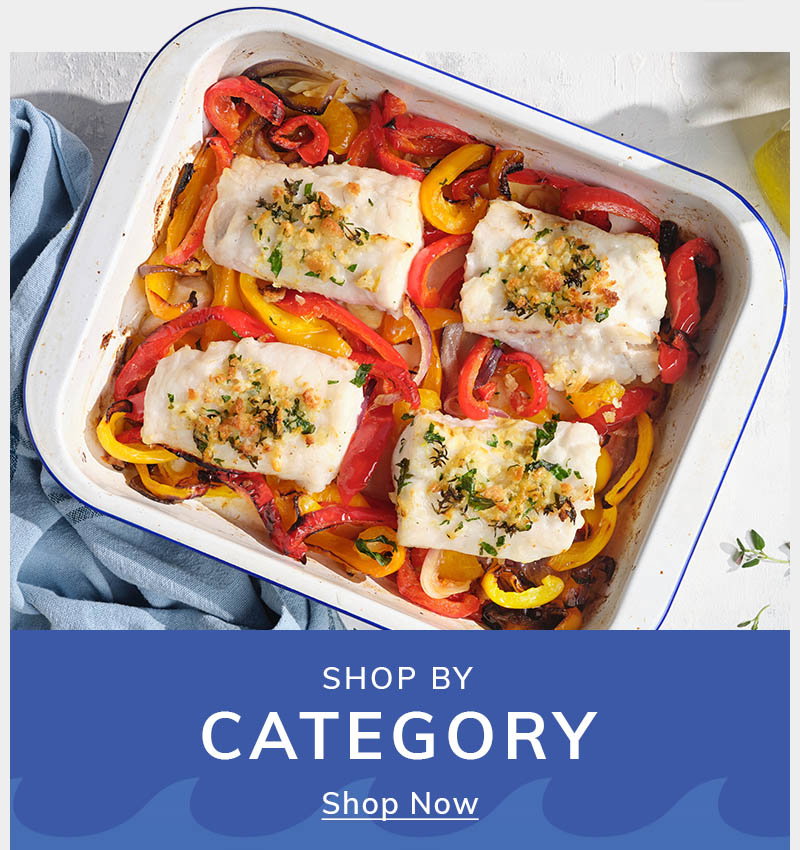 Baked fish fillets on a bed of colourful peppers and onions, garnished with herbs, in a white dish with a blue rim. Text underneath highlights Shop by Category.