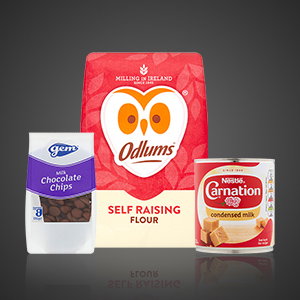 Home baking ingredients including Odlums self-raising flour, Gem chocolate chips and Nestl&eacute; Carnation condensed milk displayed against a dark background.