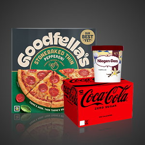 Goodfella's stonebaked pepperoni pizza, H&auml;agen-Dazs vanilla ice cream and Coca-Cola Zero Sugar multipack displayed against a dark background.