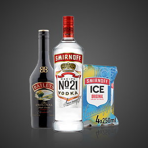 Selection of spirits including Baileys Original Irish Cream, Smirnoff No.21 Vodka and Smirnoff Ice Original multipack displayed against a dark background.