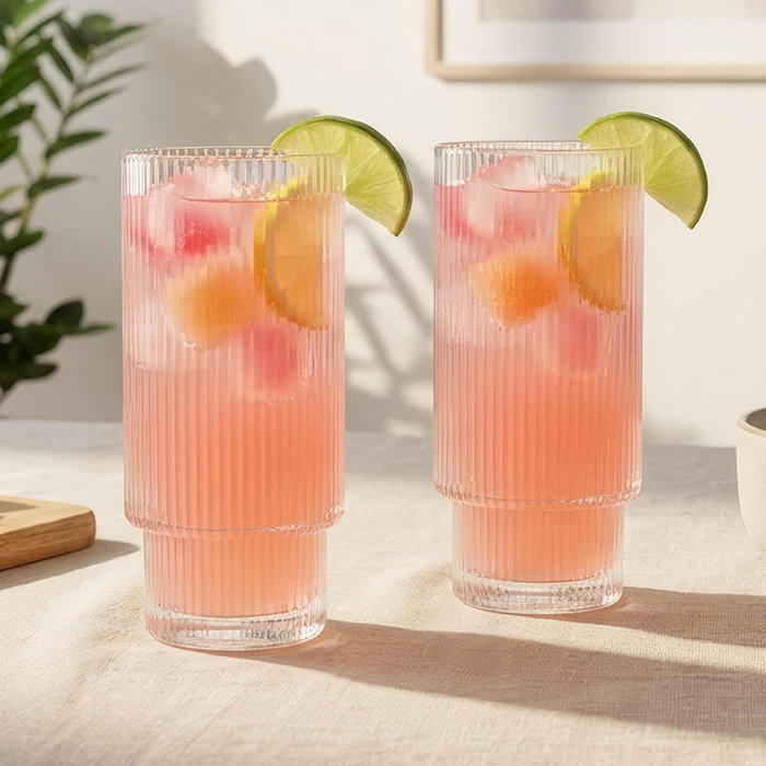 Two tall glasses filled with pink iced drinks, garnished with lime and lemon slices, sit on a light tablecloth in a sunlit setting.
