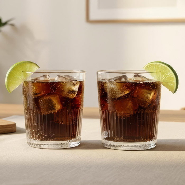 Two tall glasses of cola filled with ice and garnished with lime wedges, served on a gold tray with assorted snacks in the background.