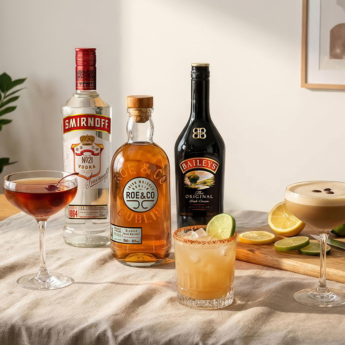 Display of various alcoholic beverages, including vodka, whiskey, and cream liqueur, alongside cocktails and fresh lime slices.