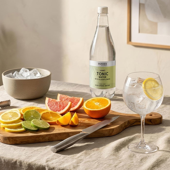 A wooden cutting board features sliced citrus fruits alongside a glass of tonic water and a bowl of ice, creating a refreshing drink setup.