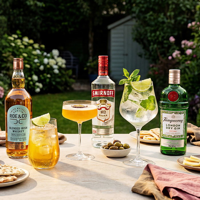 Bottles of whiskey, vodka, and gin with mixed cocktails, olives, crackers, and cheese on a garden table setting.