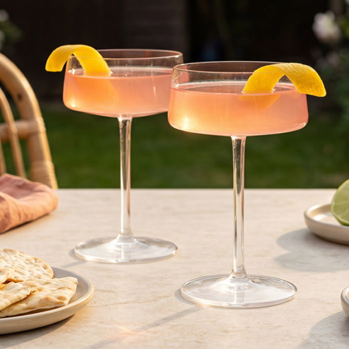 Two pink cocktails garnished with lemon twists in coupe glasses on a table with crackers and lime wedges.