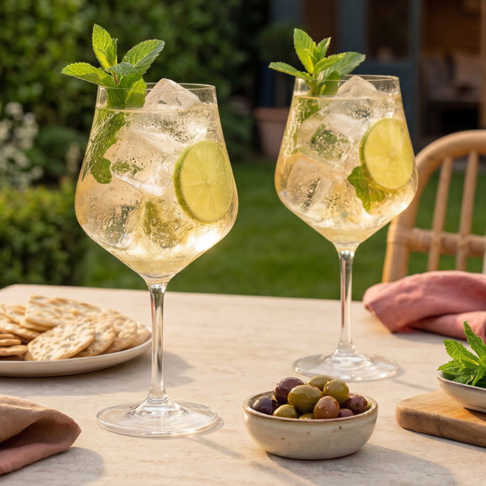 Two glasses of Hugo Spritz cocktail with lime slices, mint leaves and ice, served outdoors on a table with olives and crackers.