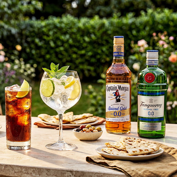 Two alcohol-free spirit bottles, two garnished drinks, nuts, and flatbreads on a garden table.
