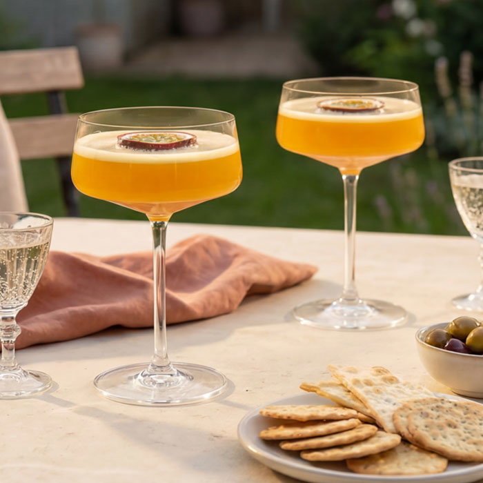 Two yellow cocktails garnished with passion fruit slices, a plate of assorted crackers, olives, and glasses of white wine on an outdoor table.