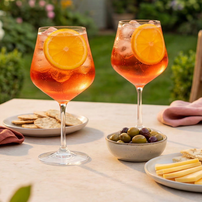 Two glasses of orange cocktail with ice and orange slices on a table with olives, cheese, and crackers, outdoors in a garden.