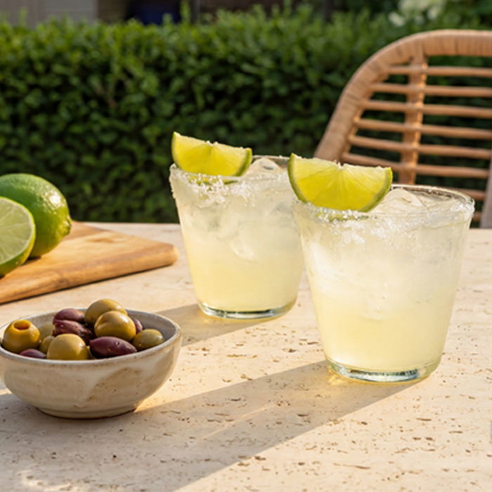 Two salted margarita glasses with lime wedges on a table next to a bowl of mixed olives and lime halves.
