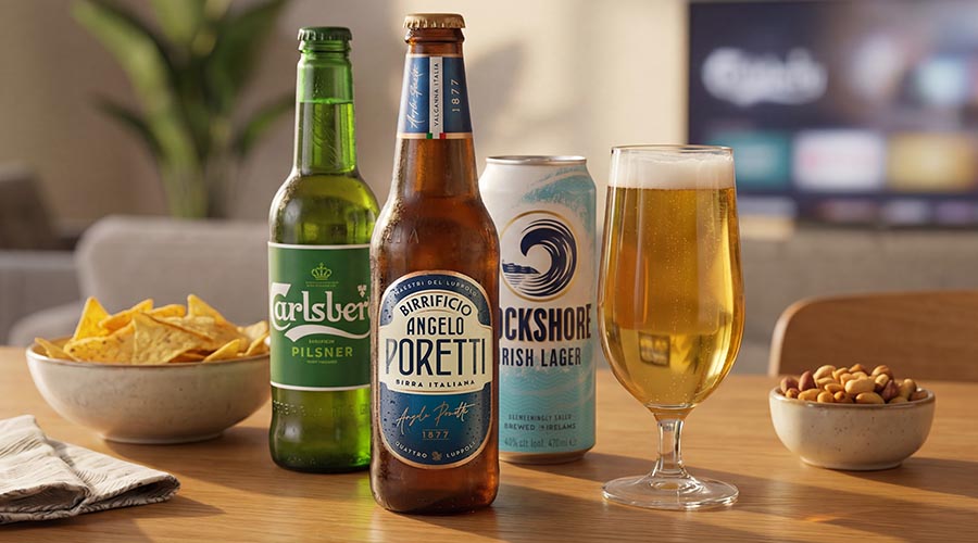Three different beers: a Carlsberg bottle, an Angelo Poretti bottle, and a Rockshore can with a glass of beer, crisps, and nuts on a table.