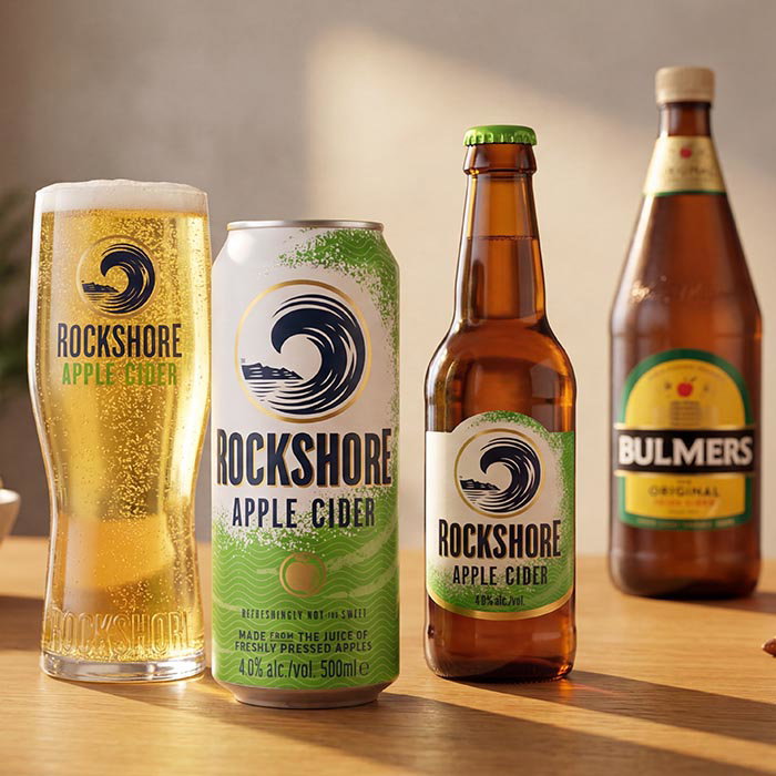 Glass, can, and bottle of Rockshore Apple Cider, with a bottle of Bulmers Original cider in the background on a wooden surface.