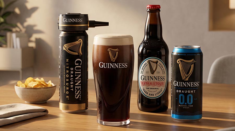 Four Guinness products on a wooden table: Draught Nitrosurge can with dispenser, a pint of Guinness, Extra Stout bottle, and Draught 0.0 alcohol-free can.