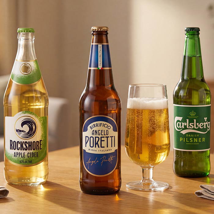 Three large bottles of beverages: Rockshore apple cider, Angelo Poretti beer, and Carlsberg pilsner alongside a glass of golden beer on a wooden table.