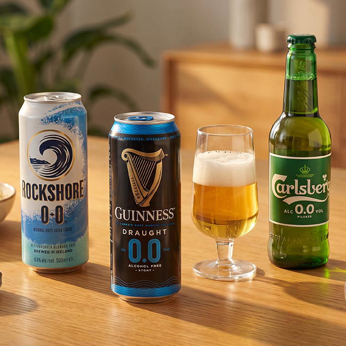 Three alcohol-free beers: Rockshore, Guinness, and Carlsberg with a glass of beer on a wooden table indoors.