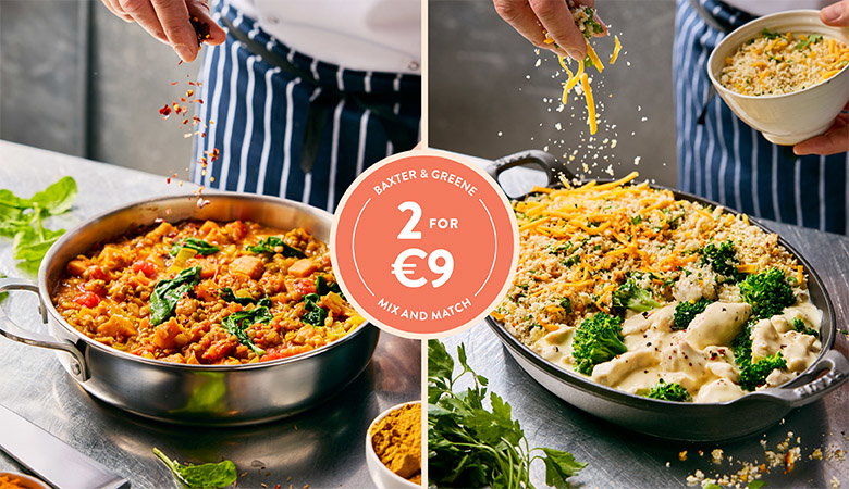 Two hands sprinkling spices and cheese on vegetable curry and broccoli cauliflower gratin dishes, with a 2 for €9 offer label.