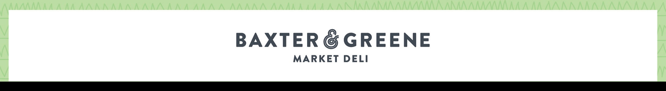 Baxter & Greene Market Deli grey logo on white with a green border