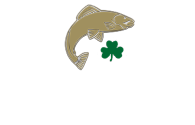 The Galways ay Seafoods logo. A gold fish jumping over a green shamrock with white text that reads Galway Bay Seafoods Est. 1950 underneath.
