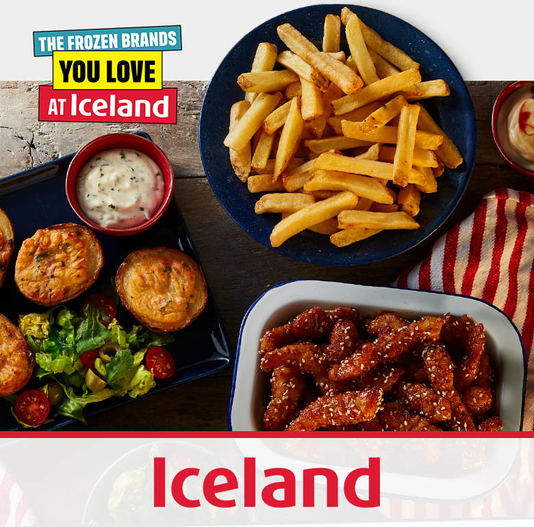 Plate of fries, bowl of chicken wings with sesame, mini pies with salad and dip, text about frozen brands at Iceland supermarket.