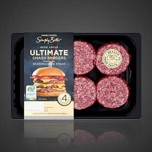 Simply Better Ultimate Smash Burgers on supermarket packaging showing four beef burger patties in a tray, labelled smash burgers seasoned for a steak flavour