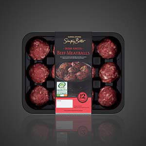 Simply Better Irish Angus beef meatballs on supermarket packaging showing a tray of raw meatballs, labelled beef meatballs, pack of 12
