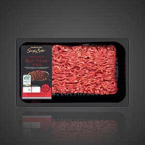 Simply Better fresh Irish beef mince on supermarket packaging in a black tray, labelled beef mince