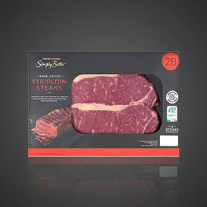 Simply Better Irish sirloin steaks with visible marbling on supermarket packaging labelled sirloin steaks, 28 days matured