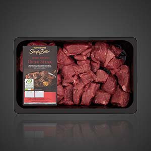 Simply Better Irish Angus diced steak pieces on supermarket packaging in a black tray, labelled diced steak