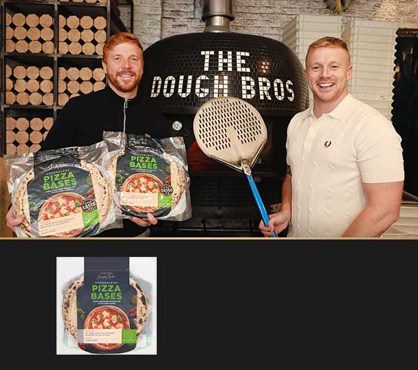 Simply Better Stonebaked Pizza Bases displayed by two people standing in front of The Dough Bros pizza oven, with a product pack image shown below.