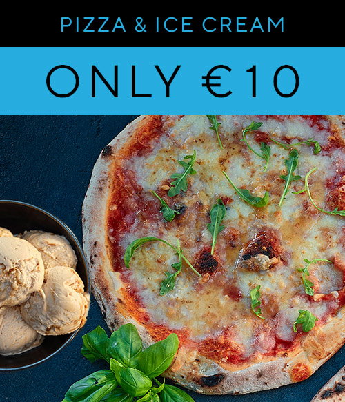 A delicious pizza topped with cheese and herbs, paired with a bowl of ice cream, advertised for &euro;10.